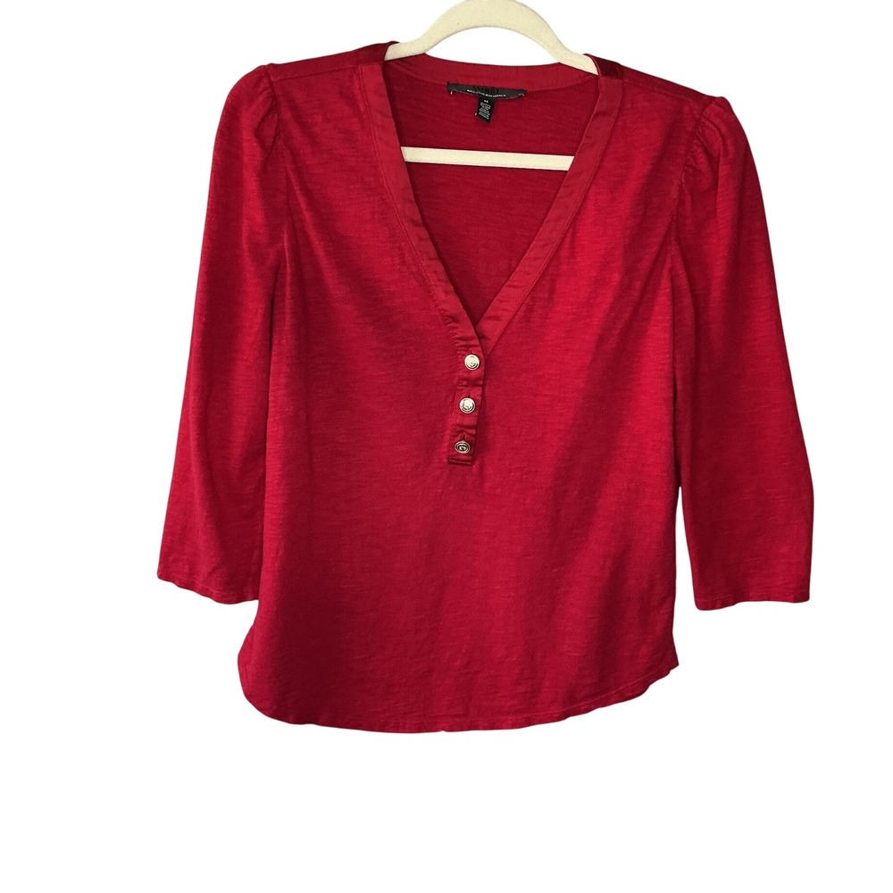 White House Black Market Red Slub Knit Henley Top V-Neck 3/4 Sleeve Size M